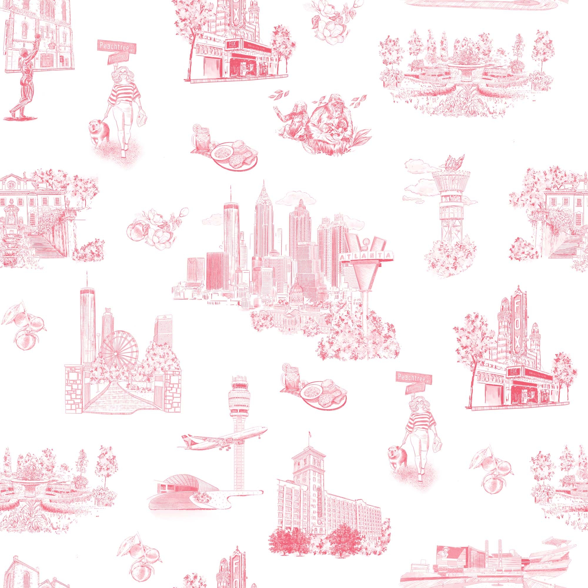 Peel And Stick Wallpaper: Crimson Red Atlanta City Skyline