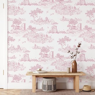 Peel And Stick Wallpaper: Pastoral Scenic Motifs In Dusty Rose