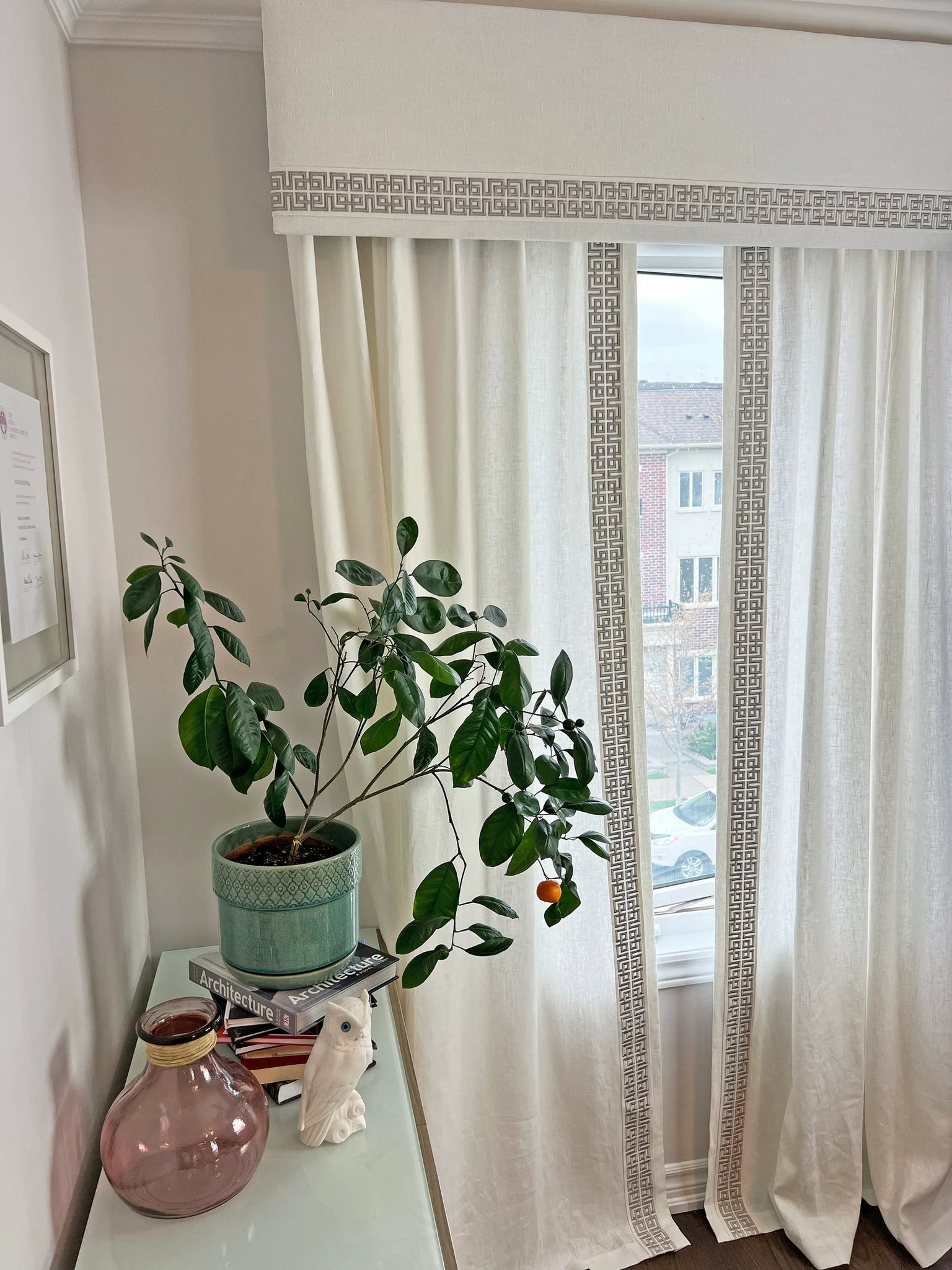 Pelmet Valance Upholstered Box Linen Texture Greek Key Trim