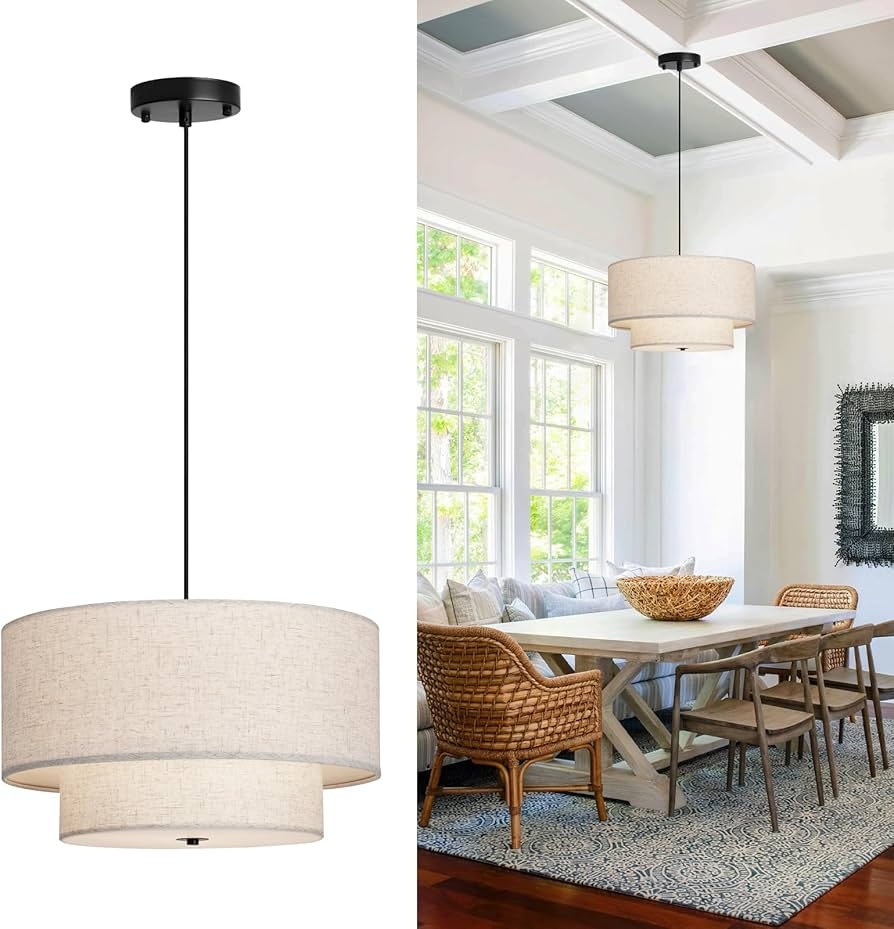 Pendant Light Double Drum Shade Linen Texture | Double Drum Fabric Light
