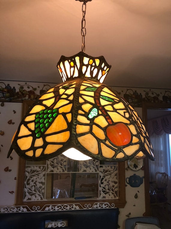 Pendant Light featuring Fruit Motif and Leaded Glass Shade