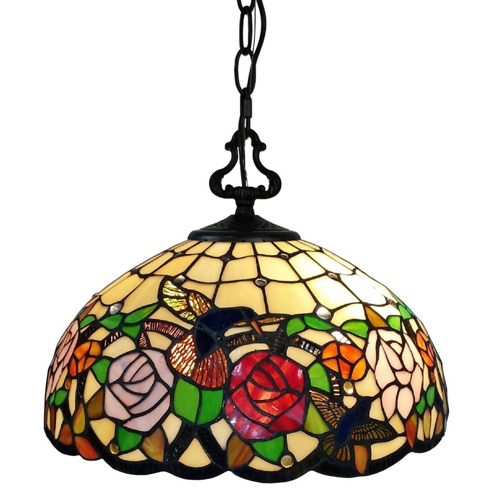 Pendant Light featuring Hummingbird Motif and Floral Glass