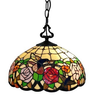 Pendant Light featuring Hummingbird Motif and Floral Glass