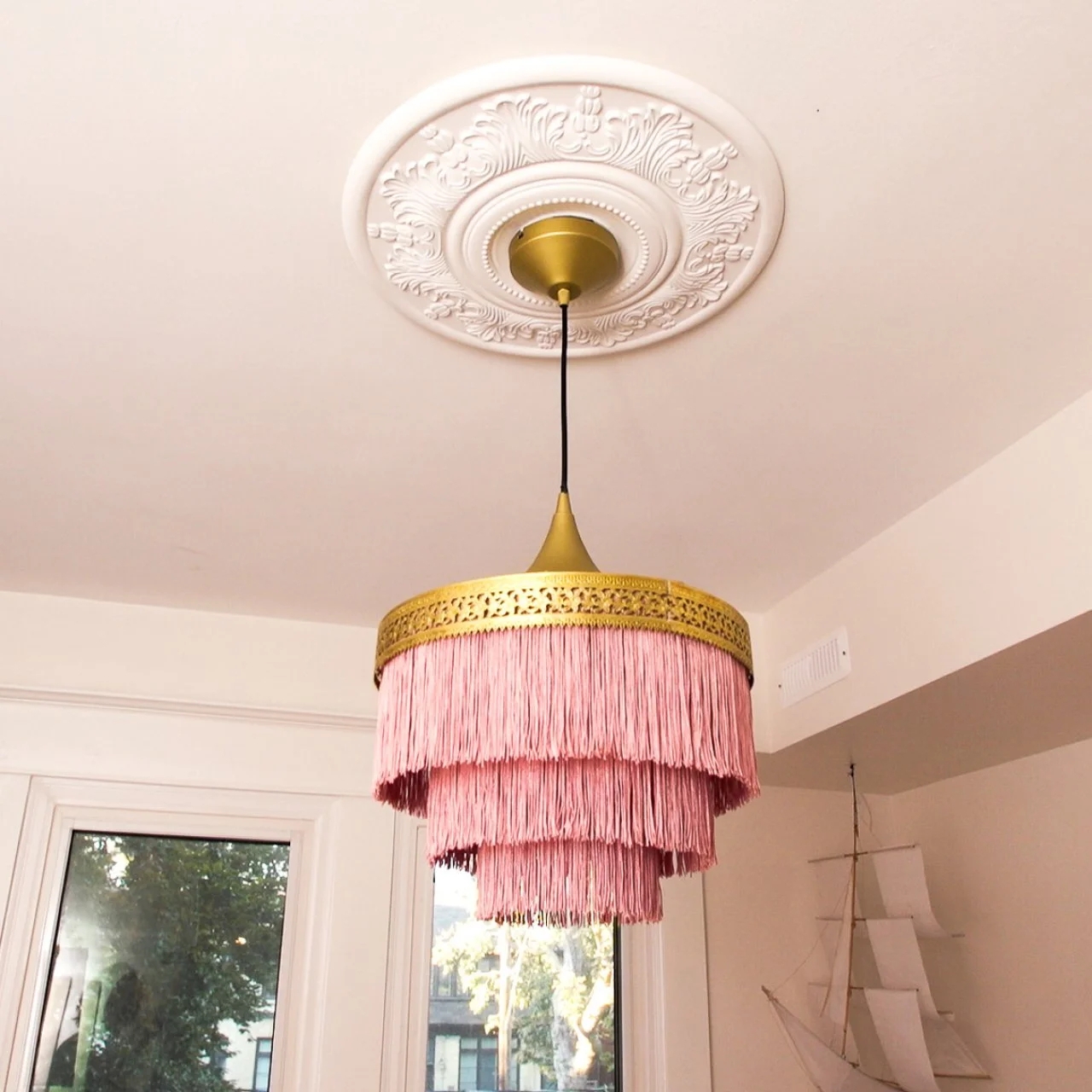 Pendant Light Gold Filigree Band Triple Tier Boho Glam
