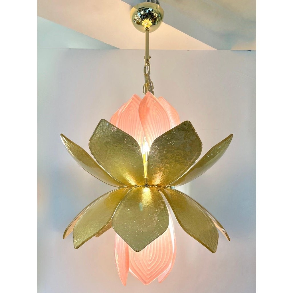 Pendant Light Gold Leaf Petals and Pink Murano Glass