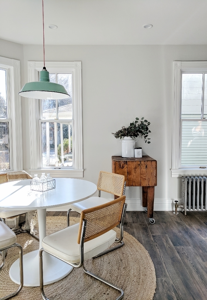 Pendant Light: Mint Green Enamel and Cane Back Dining chairs