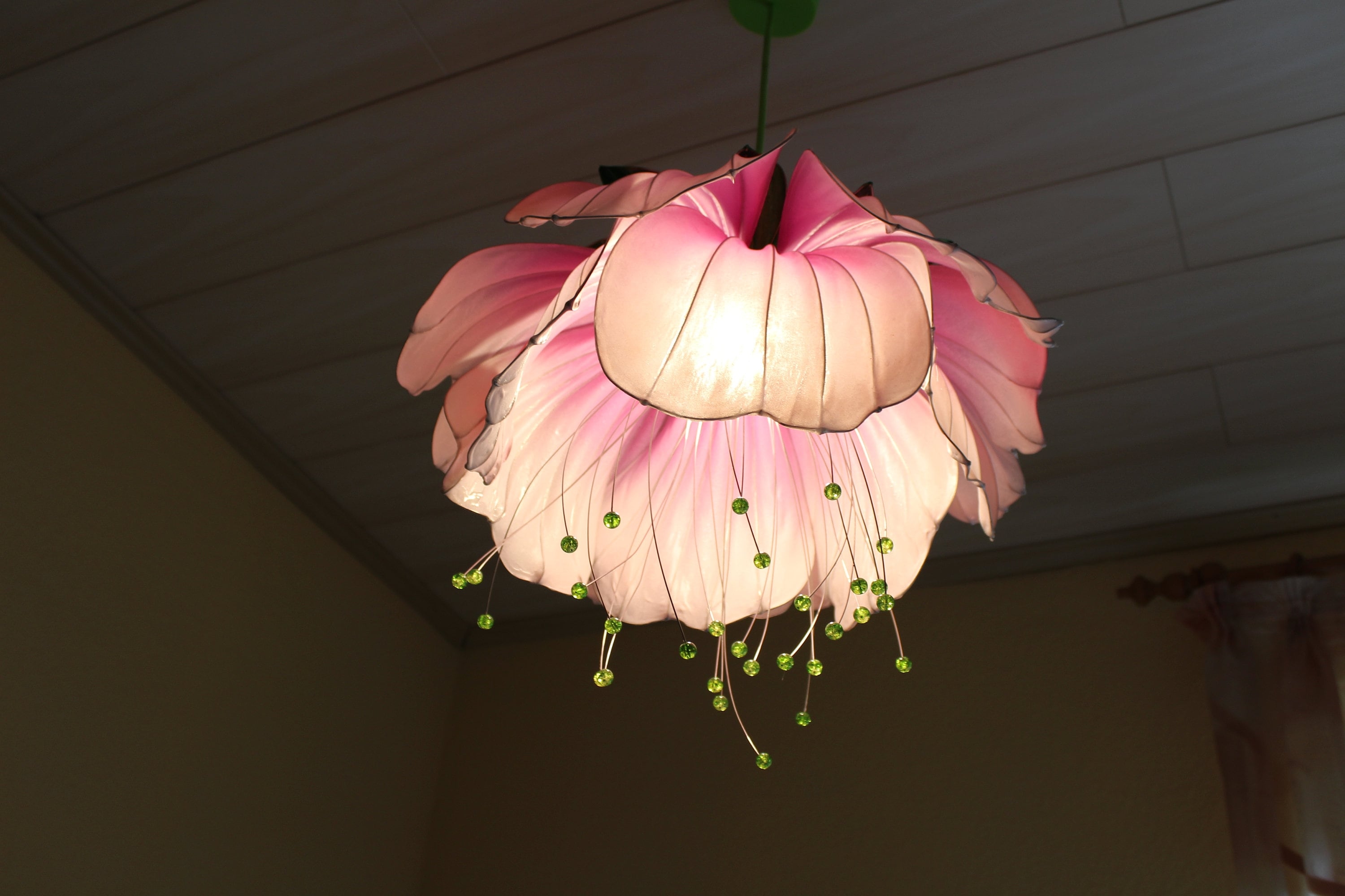 Pendant Light Ombre Pink Flower Shade and Beaded Filaments