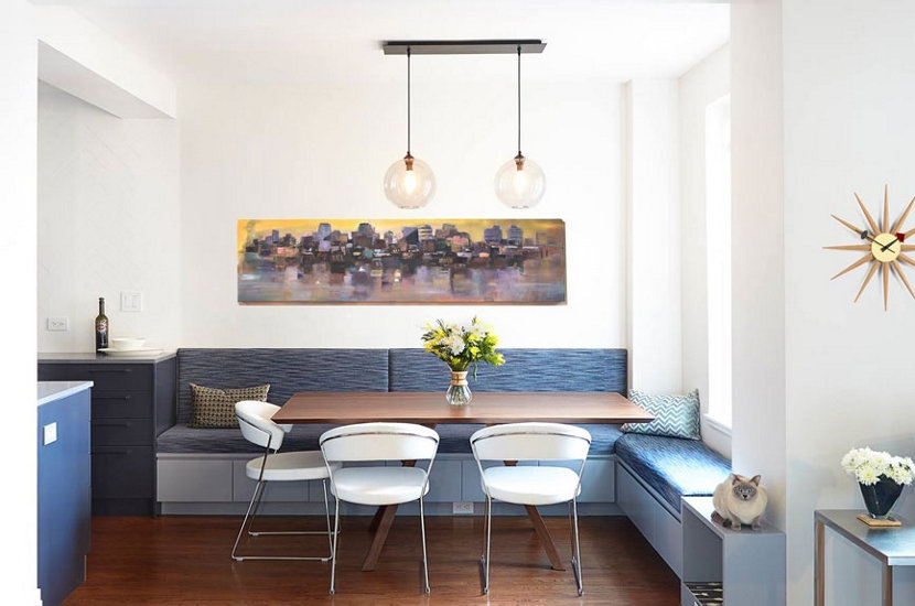 Pendant Light: Walnut Table and Navy Upholstery Style