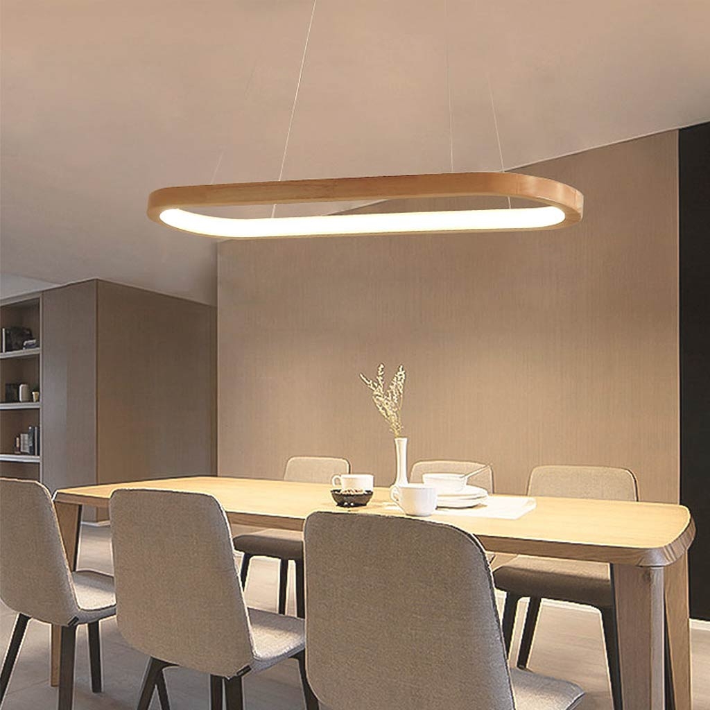 Pendant Light: Warm Wood Tone Oval Linear Frame Japandi Style Lamp