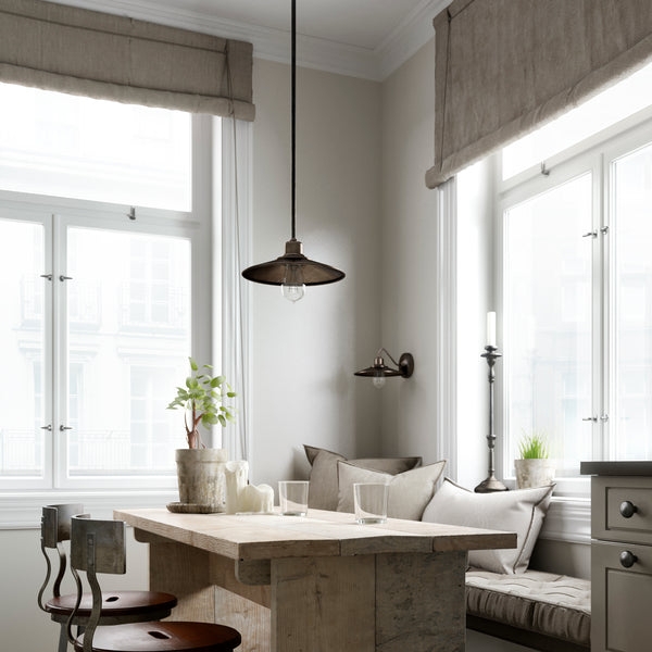 Pendant Light: Wide Shade and Rustic Wood Table Pairing