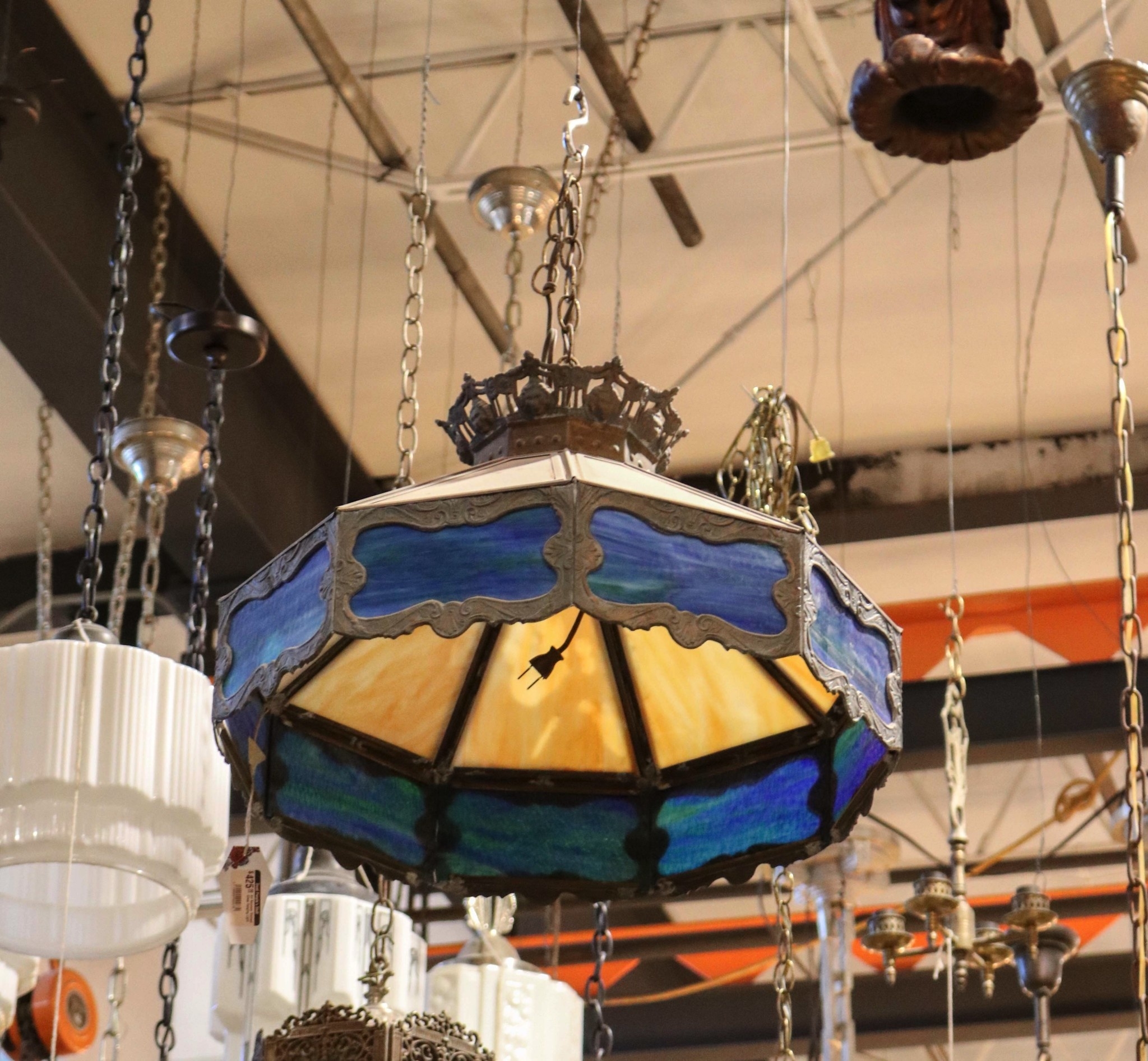 Pendant Light with Blue Slag Glass and Octagonal Shape