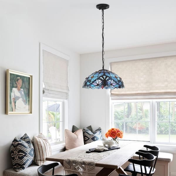 Pendant Light with Chain Hung Floral Stained Glass Shade