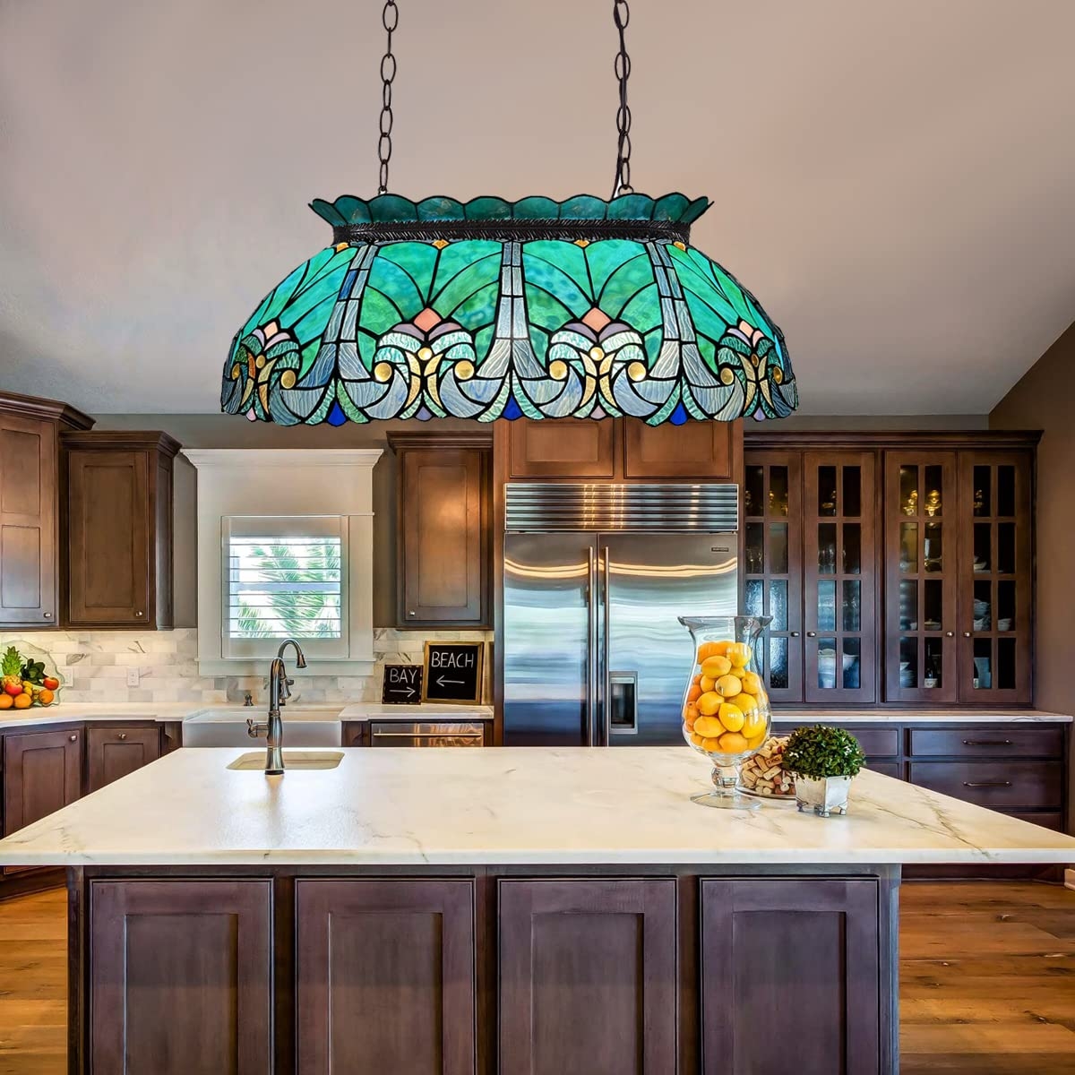 Pendant Light with Dual Chain Mount and Floral Stained Glass