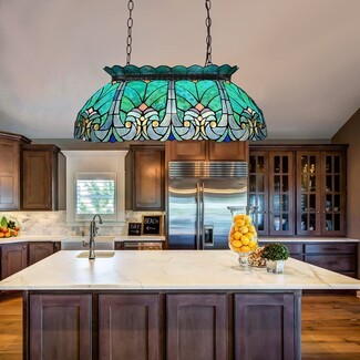 Pendant Light with Dual Chain Mount and Floral Stained Glass