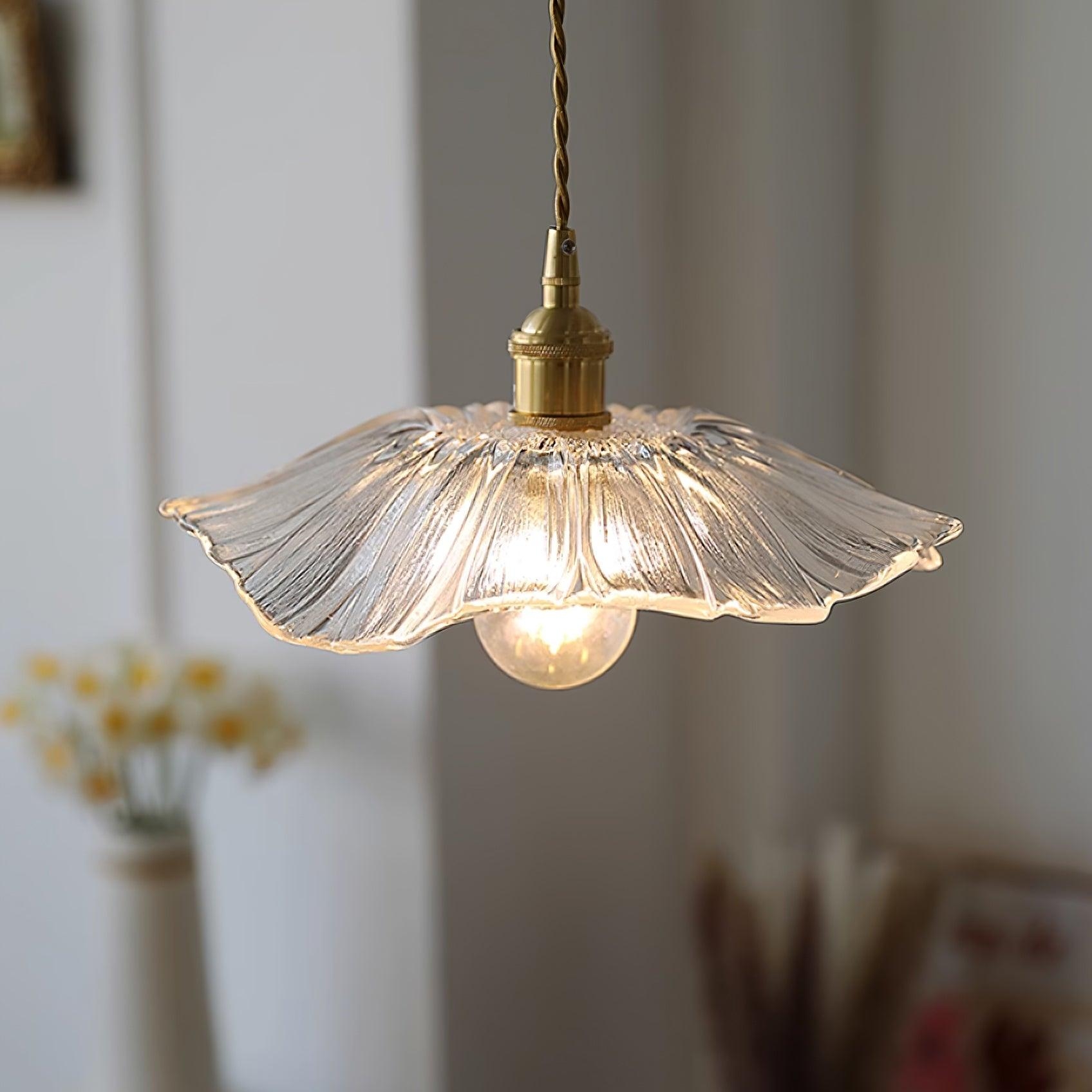 Pendant Light with Flower Glass Shade and Ruffled Edge