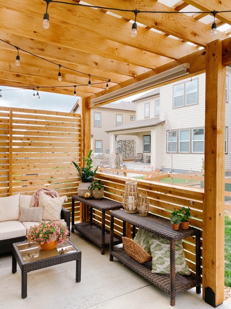 Pergola Dark Woven Furniture and Backyard Pergola String Lights