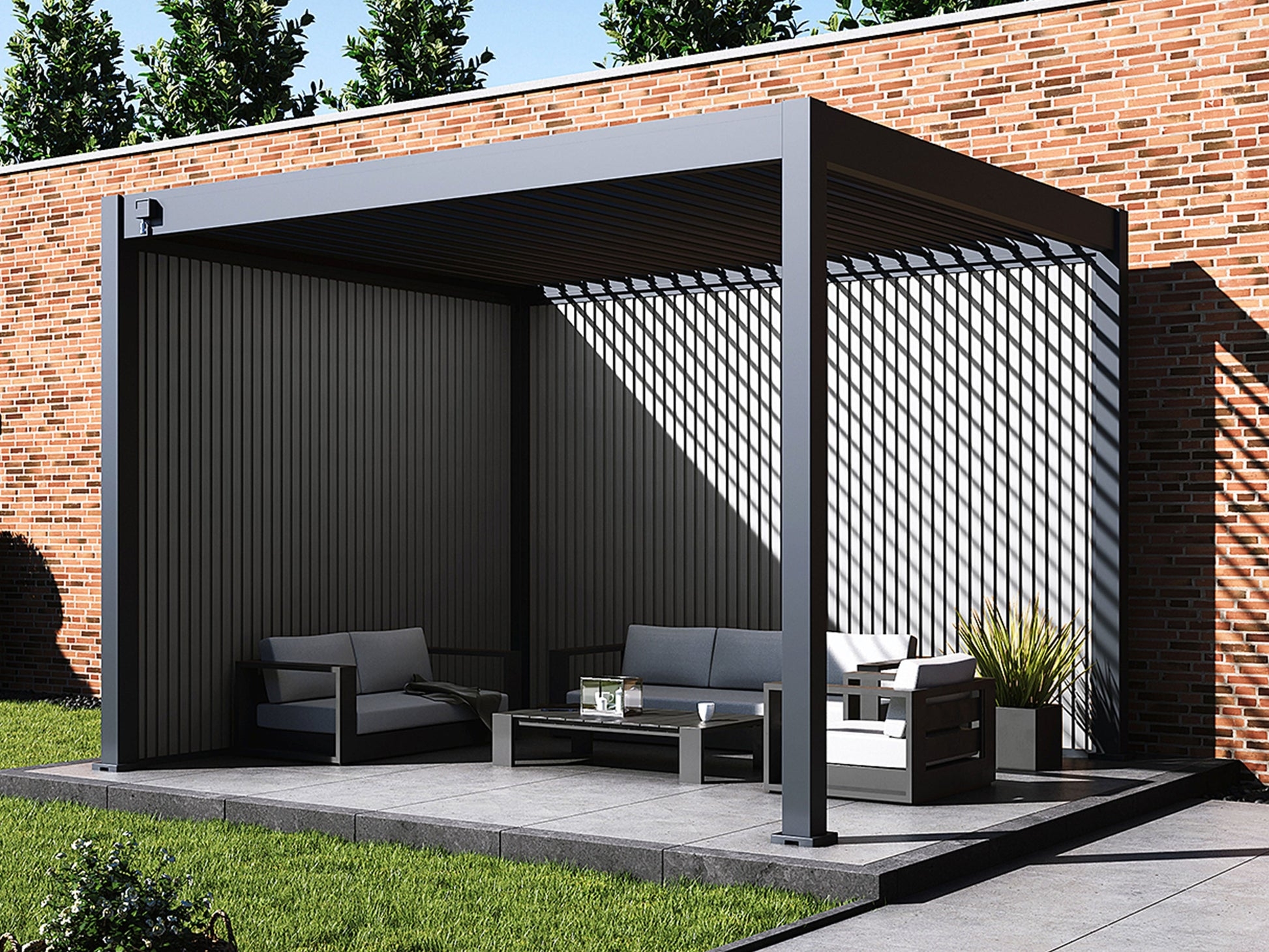 Pergola Privacy Wall Vertical Slats Louvered Roof Shadows