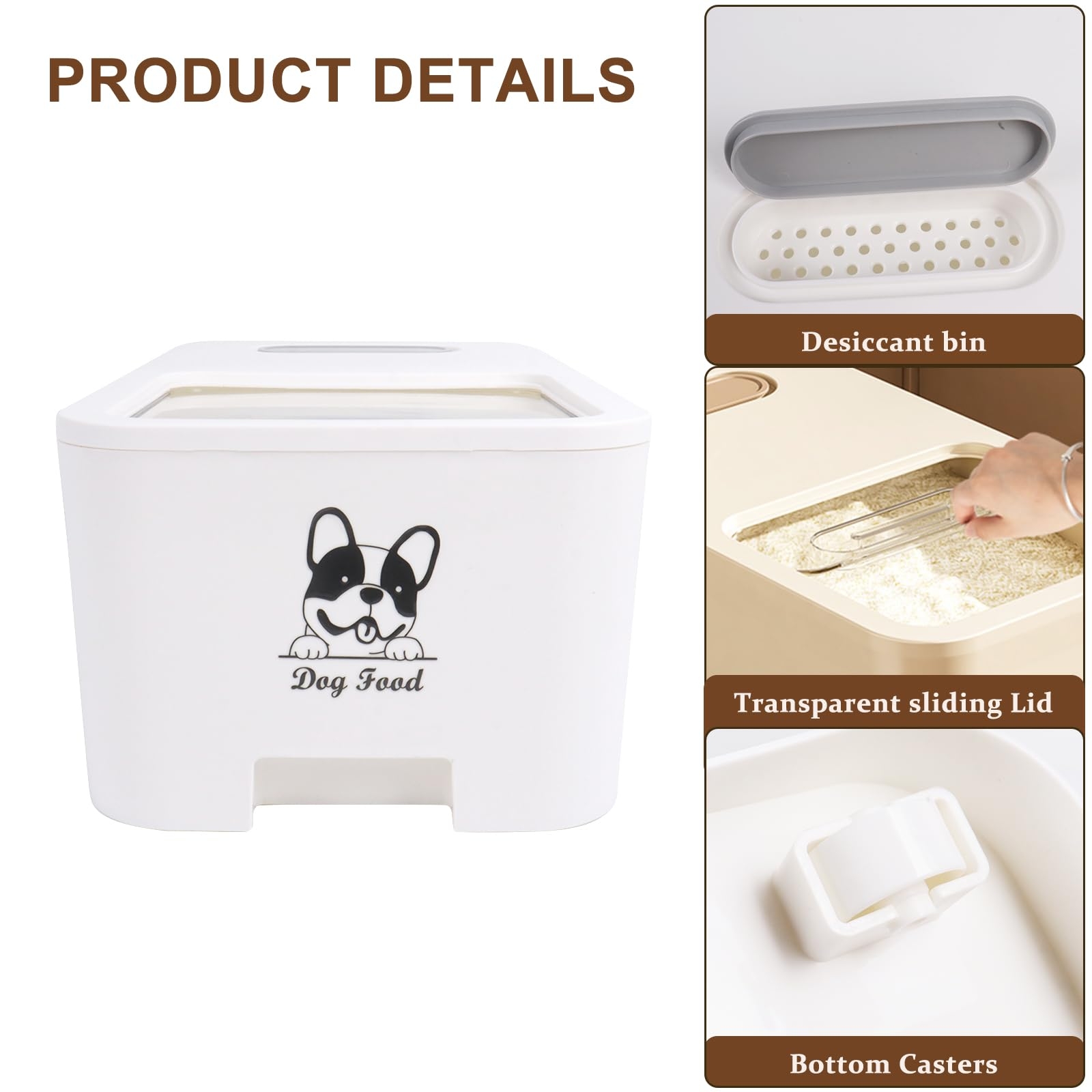 Pet Food Bin: Sliding Lid and Desiccant Bin Rolling Container
