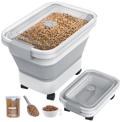Pet Food Container: Collapsible Height with Mobile Rolling Base