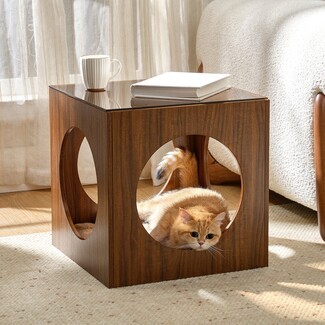 Pet Side Table Cube Silhouette Walnut Hidden Cat Bed