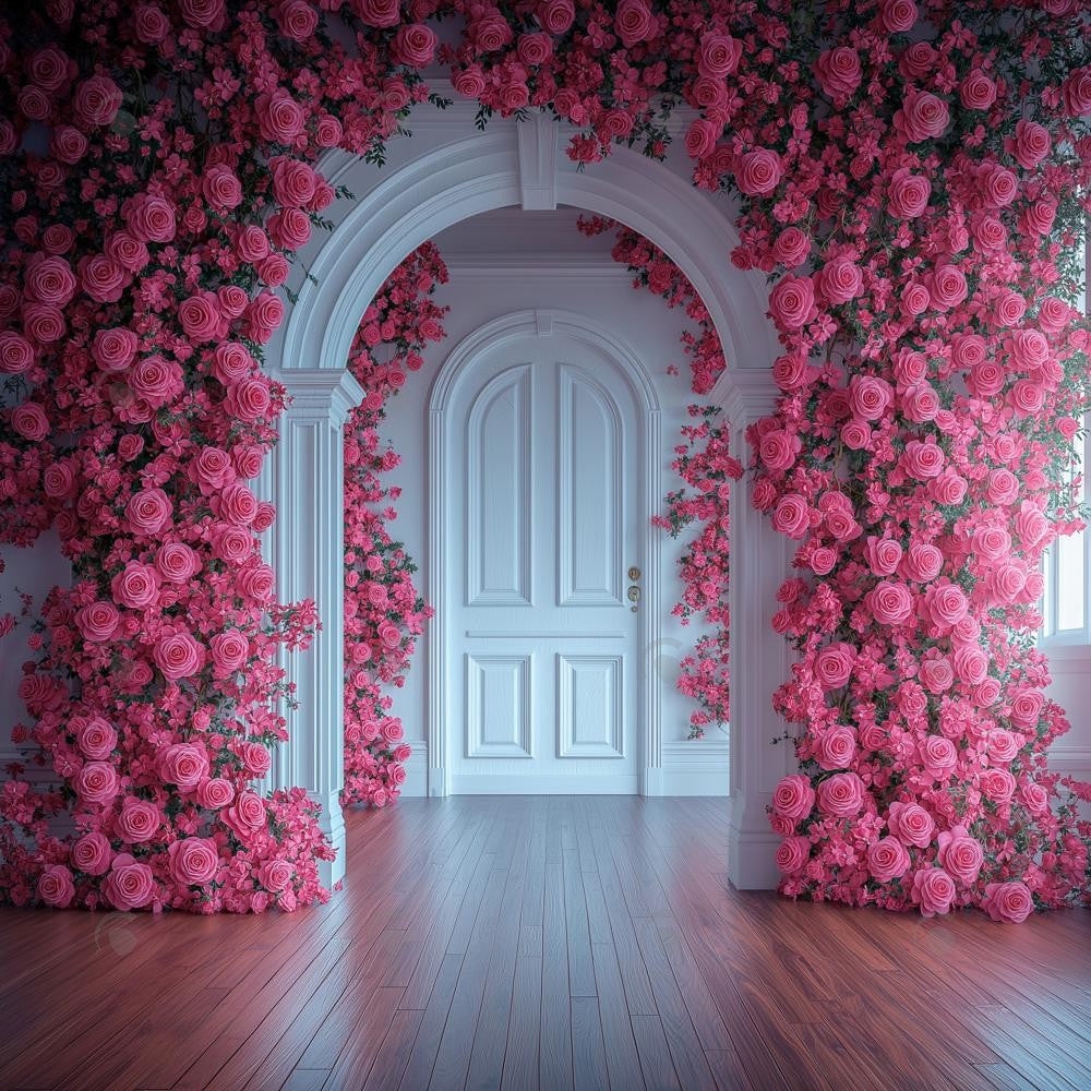 Photography Backdrop Dense Pink Roses Pink Floral Arched Door