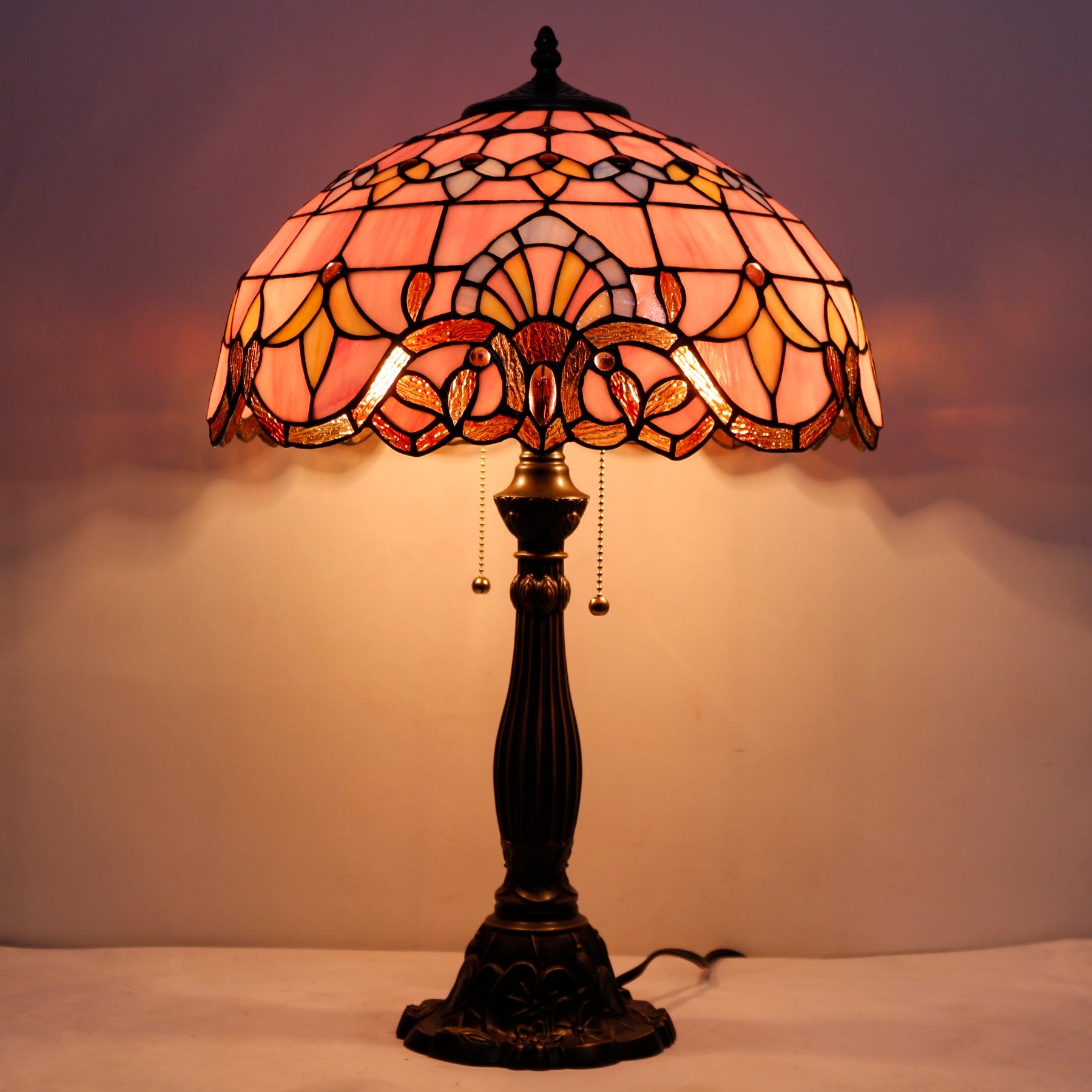 Pink Stained Glass Table Lamp with Scalloped Shade Edge