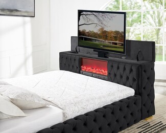 Platform Bed Black Motorized TV Lift Built In Fireplace