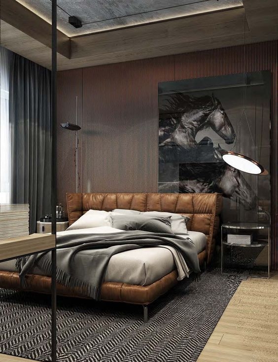 Platform Bed: Cognac Leather with Ribbed Wood Accent Wall