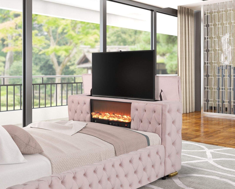Platform Bed Dusty Pink Fireplace Pop Up TV Lift