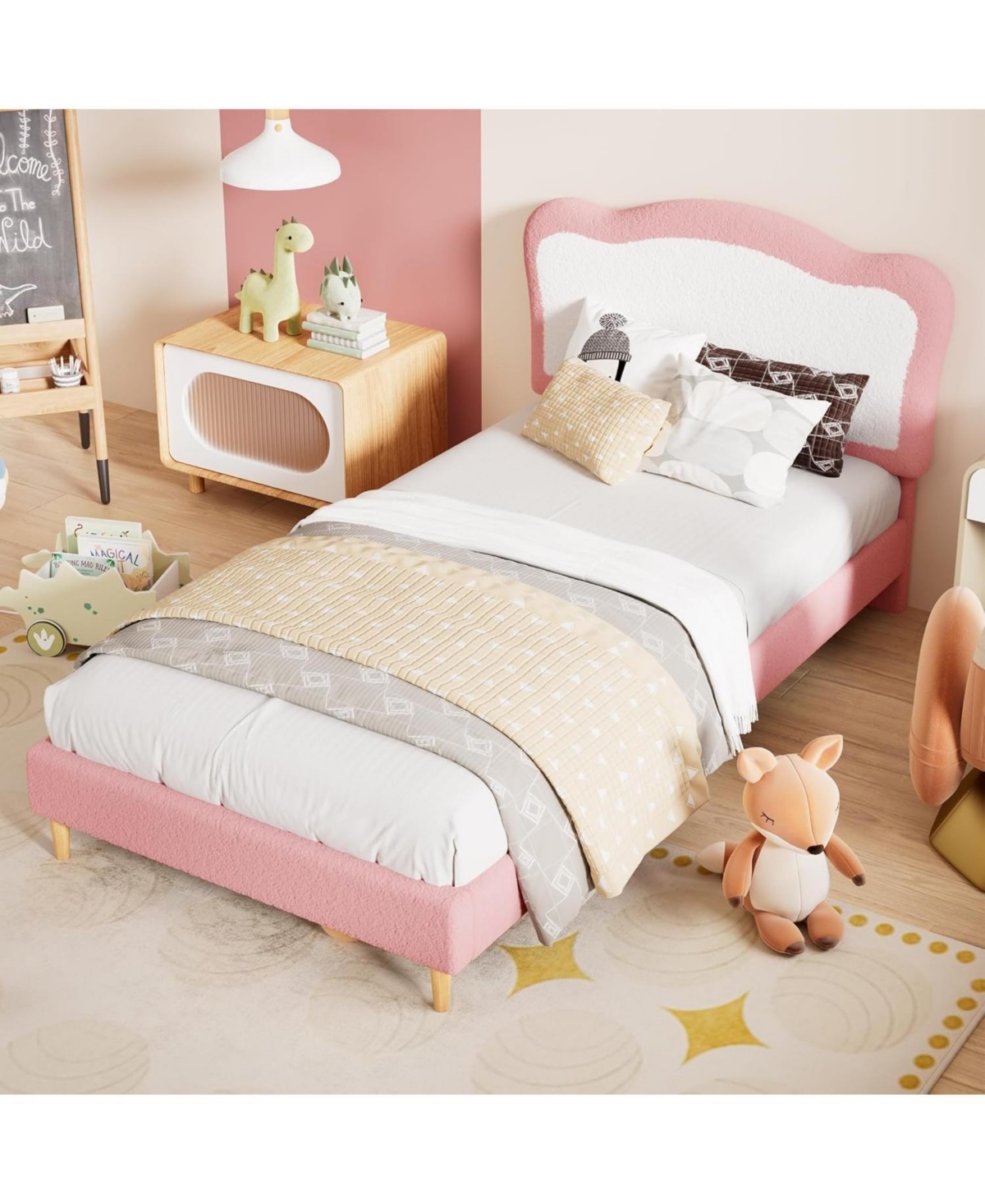 Platform Bed featuring Scalloped Two Tone Pink Headboard