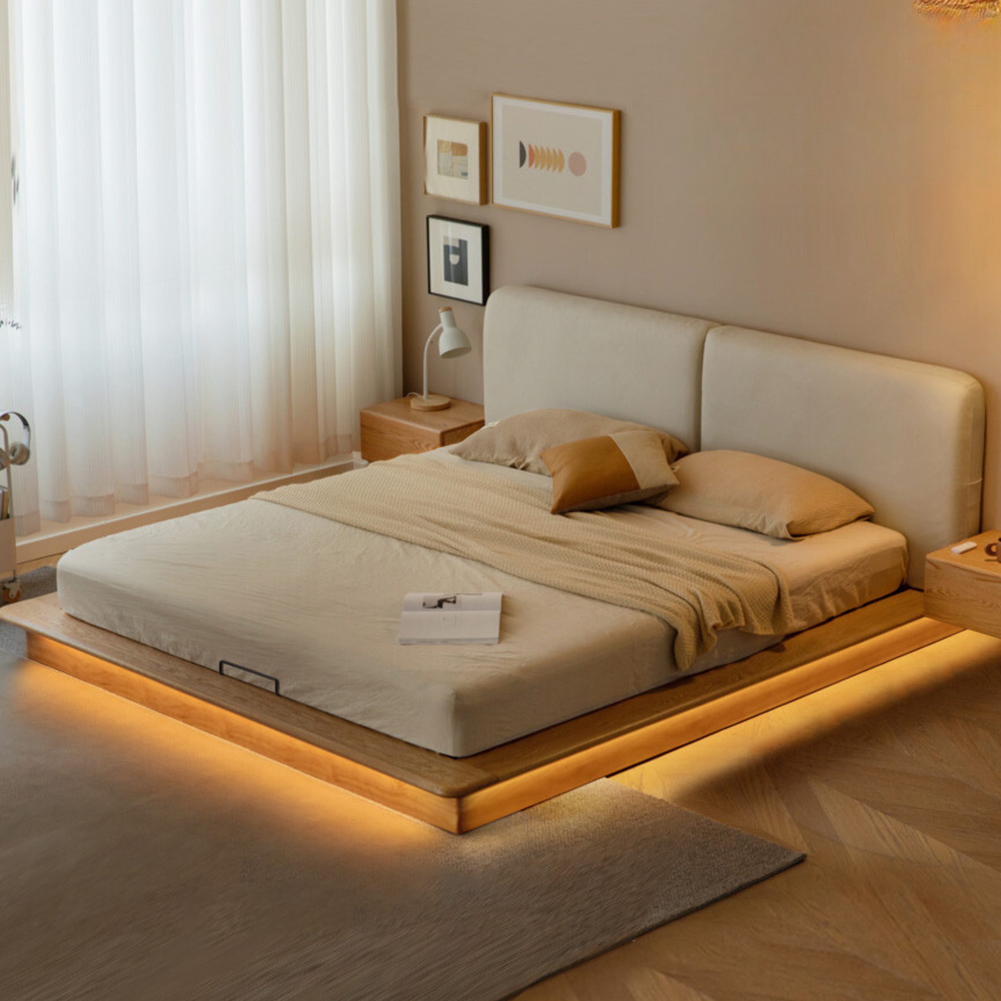 Platform Bed Floating Base LED Lit Japandi Furniture