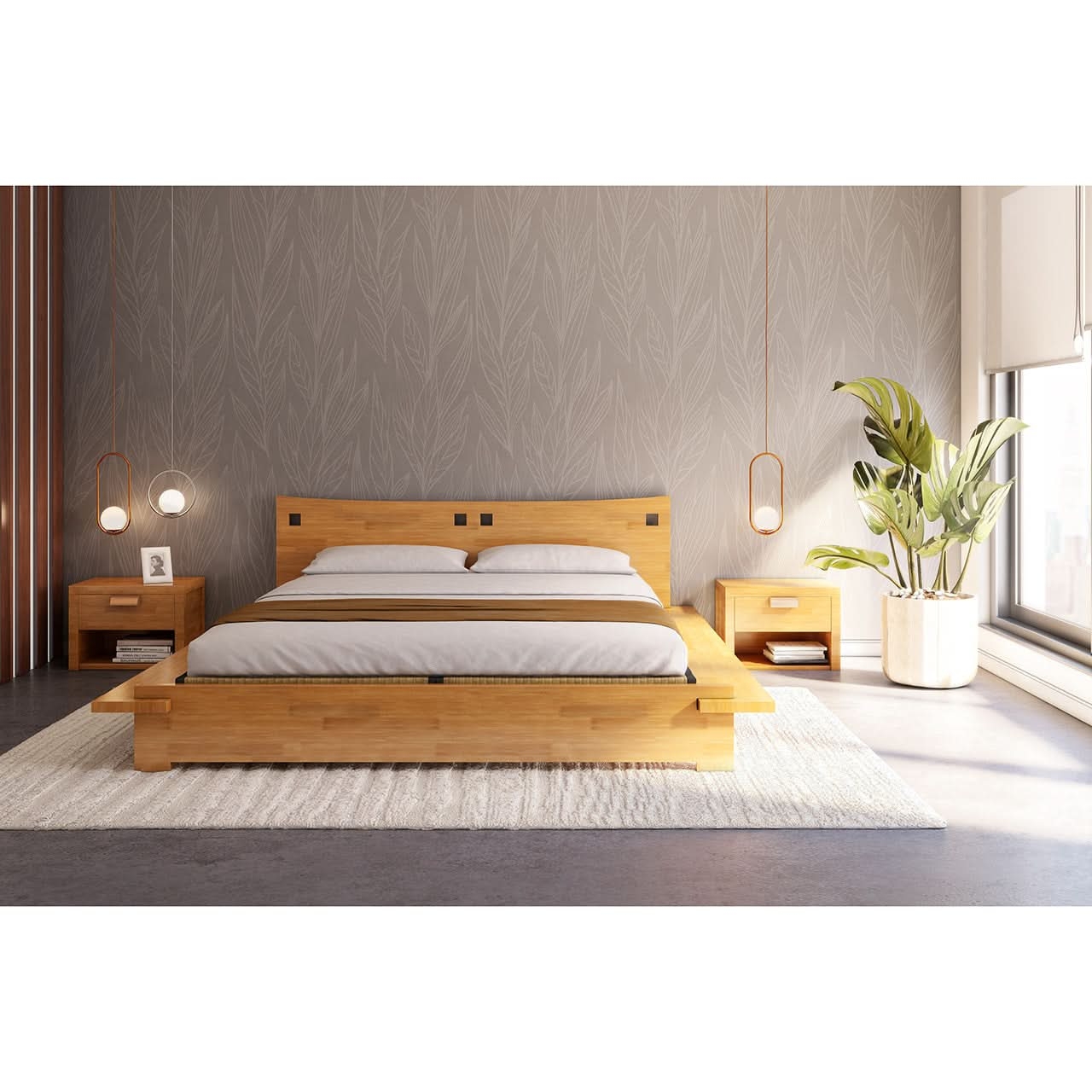 Platform Bed Honey Oak Finish Japandi Bedroom Furniture