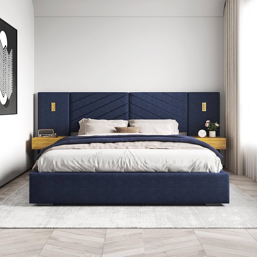 Platform Bed: Royal Blue Upholstery and Oversized Headboard