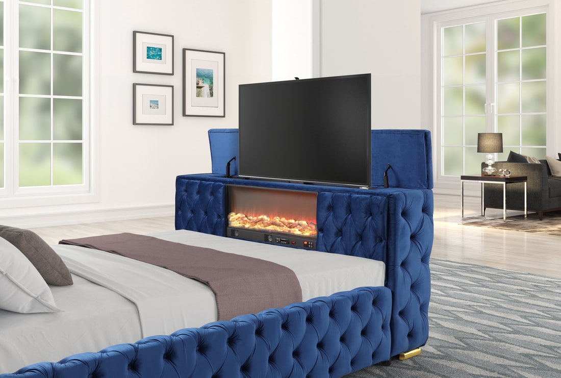 Platform Bed Royal Blue Velvet Fireplace Pop Up Lift