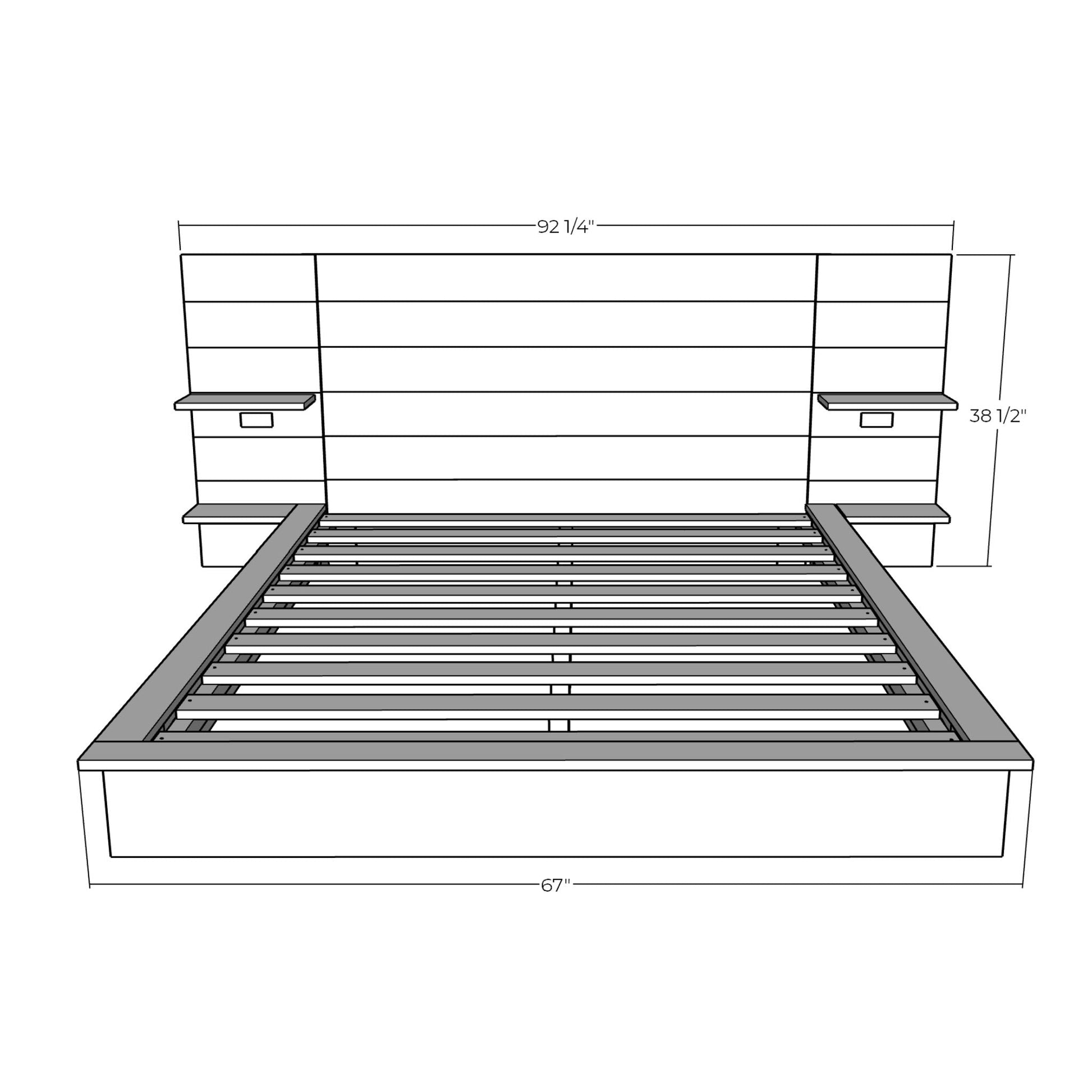 Platform Bed: Slatted Headboard with Integrated Nightstands