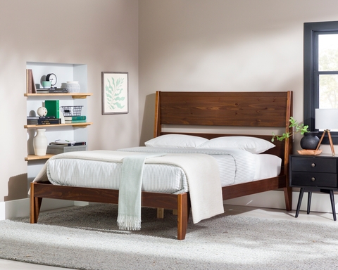 Platform Bed: Solid Walnut Wood with Black Nightstand Tapered Legs