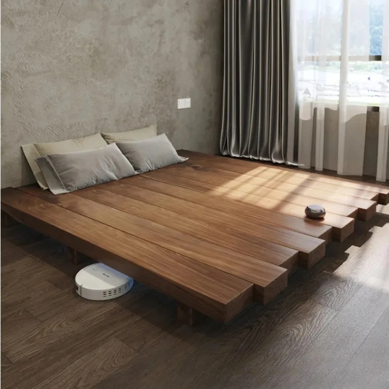 Platform Bed Staggered Ends Thick Beam Wabi Sabi Design