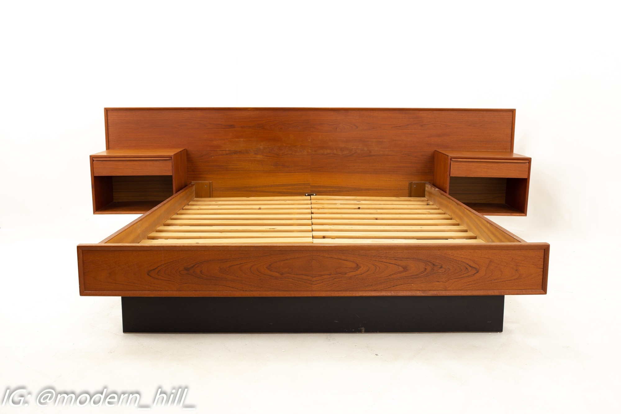 Platform Bed: Teak Brown Wood and Floating Nightstands