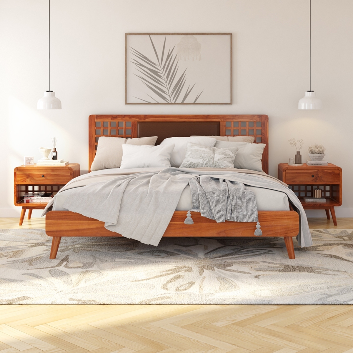 Platform Bed Teak Frame Lattice Headboard | Teak Wood Bed