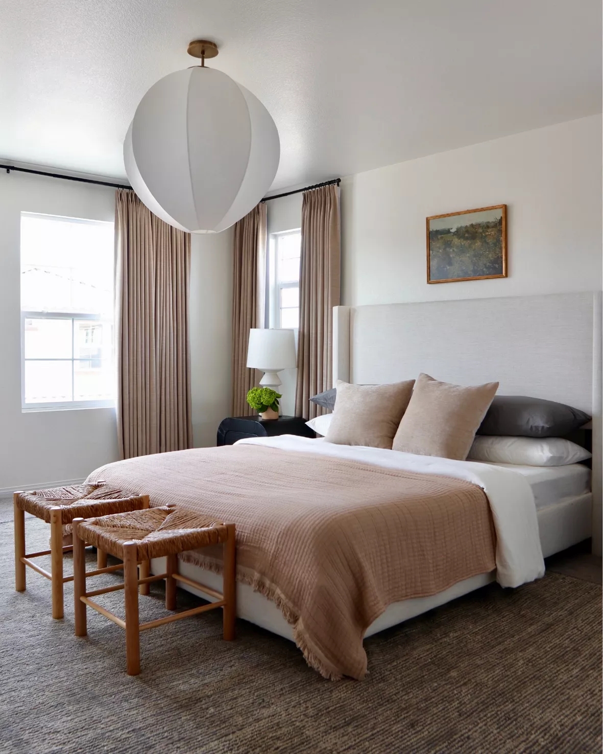Platform Bed: Terracotta Bedding Styling with Woven Stools