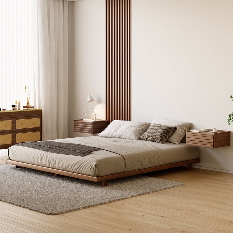 Platform Bed Walnut Floating Nightstand Sleek Furniture