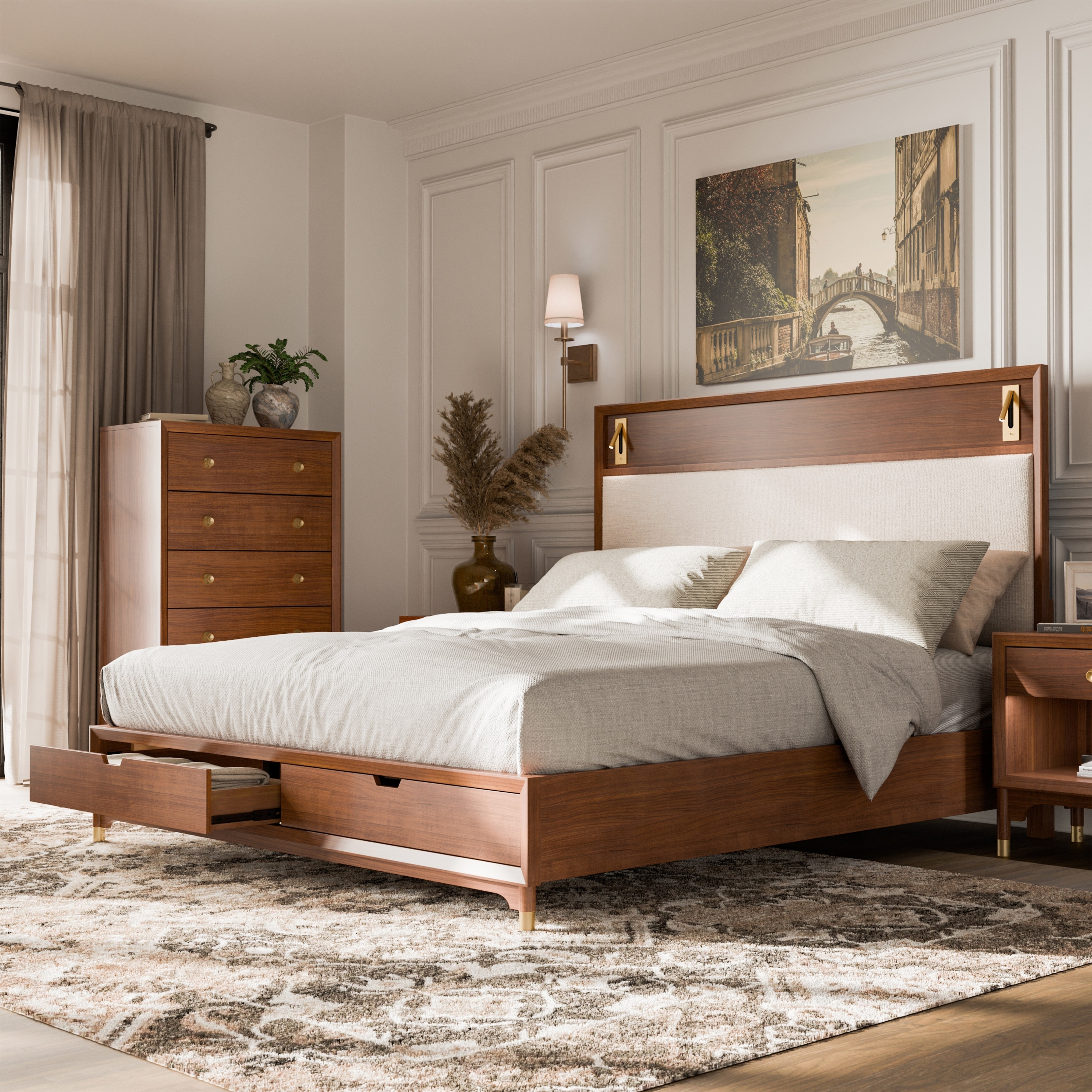 Platform Bed Walnut LED Reading Lights | Walnut Storage Bed