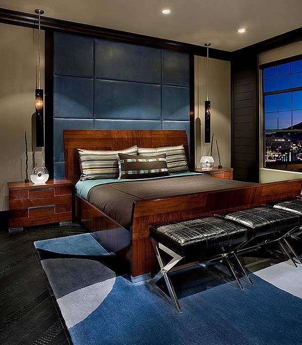 Platform Bed: Walnut Wood with Blue Upholstered Accent Wall