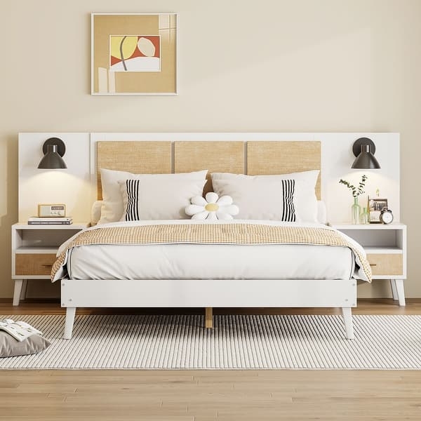 Platform Bed: White Woven Panels with Built In Sconces