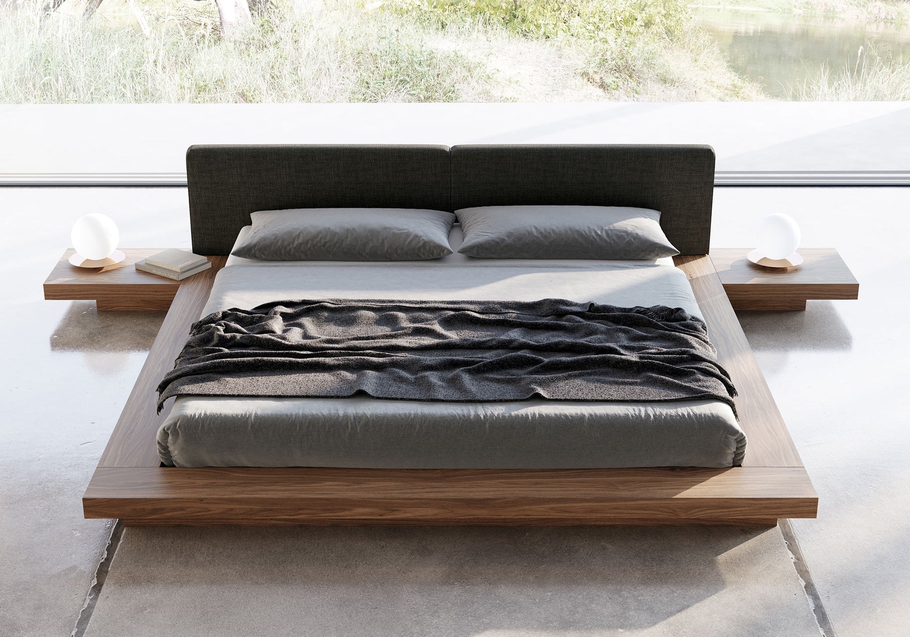 Platform Bed Wide Wood Frame Integrated Nightstand Set