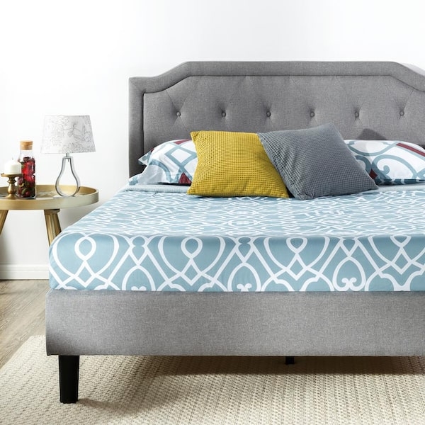 Platform Bed with Button Tufted Grey Scalloped Headboard