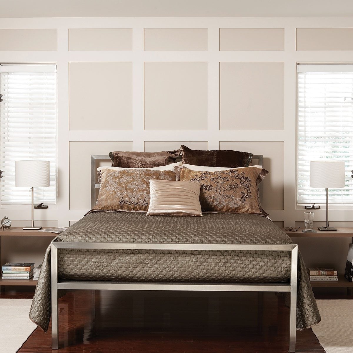 Platform Bed with Honeycomb Bedspread and Grid Wood Paneling