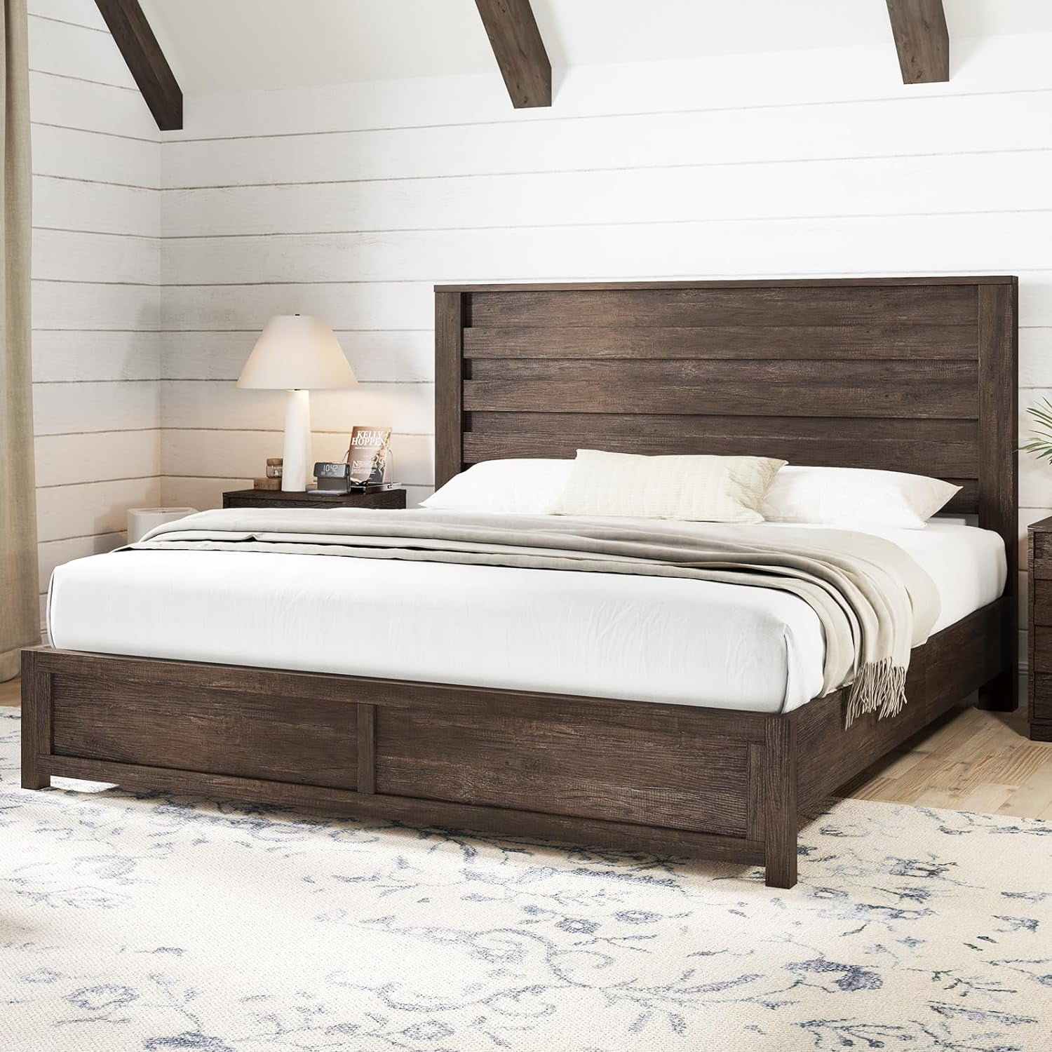 Platform Bed with Horizontal Plank Headboard in Grey