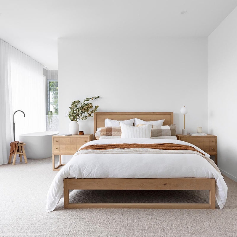 Platform Bed with Solid Panel Headboard in Warm Oak
