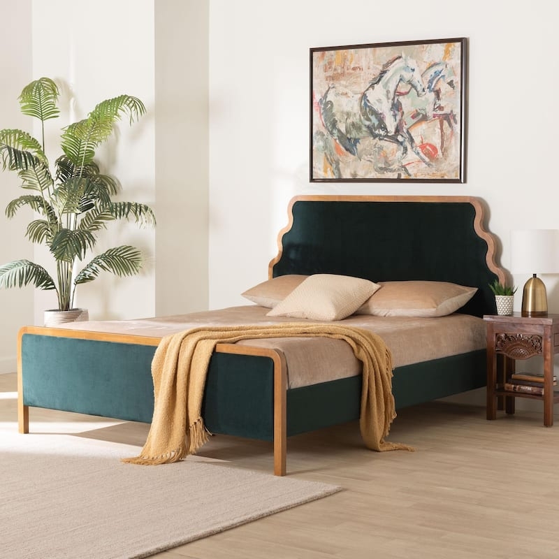 Platform Bed with Velvet and Wood Trim Scalloped Headboard